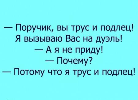 Поручик вы трус и подлец Я вызываю Вас на дуэль А я не приду Почему Потому  что я трус и подлец